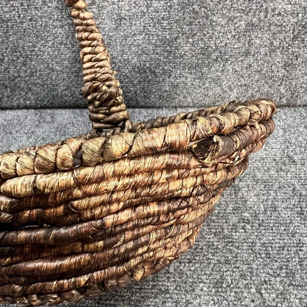 Dark Brown Woven Handled Oval Rustic Open Basket Heavy Cottagecore Boho Decor